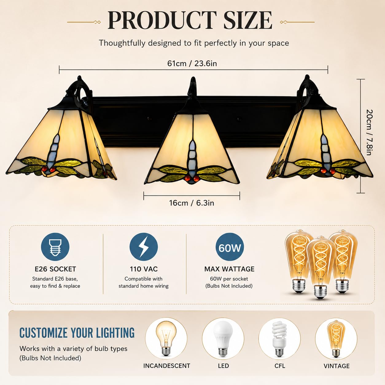 Kaichenyt Tiffany Style Wall Sconce 3 Heads Vintage Lamp Fixtures with Dragonfly Pattern & Stained Glass Indoor Wall Mounted Light for Bedroom Living