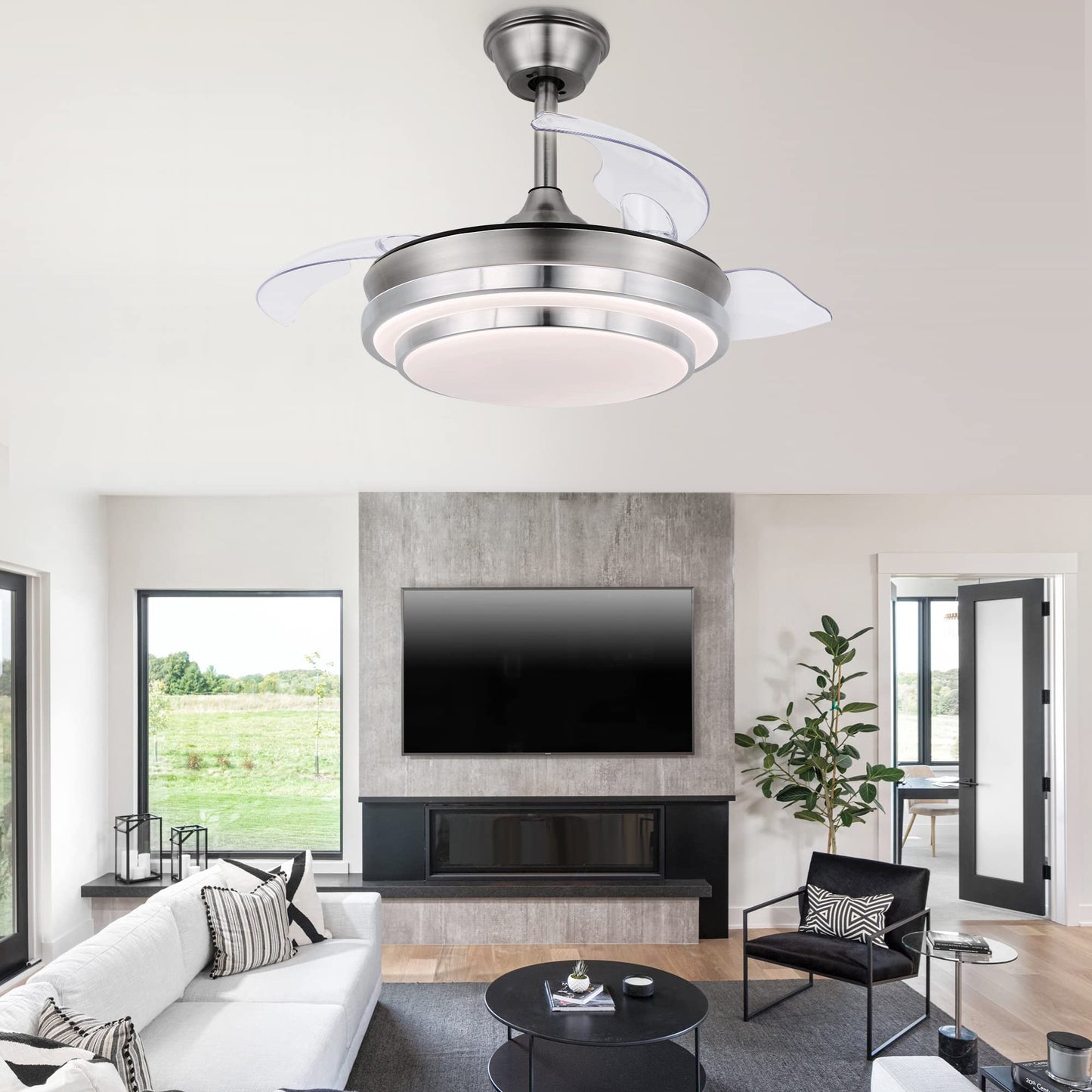 CNCMtiger 36" Retractable Ceiling Fan with Lights Remote Control, Retractable Blade Ceiling Fan 6-Speed 3 Color Changeable, Brush Nickel, for Living