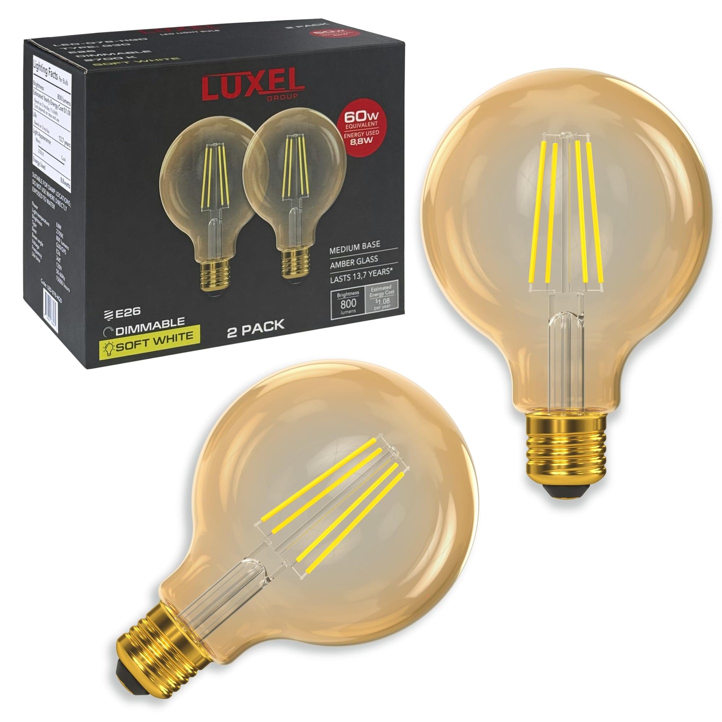 LUXEL GROUP Vintage LED Edison Bulbs G30/G95-8.8W Equivalent 60W - Dimmable Medium Brightness Soft White 2700K Antique LED Filament Bulbs - 800 Lumens