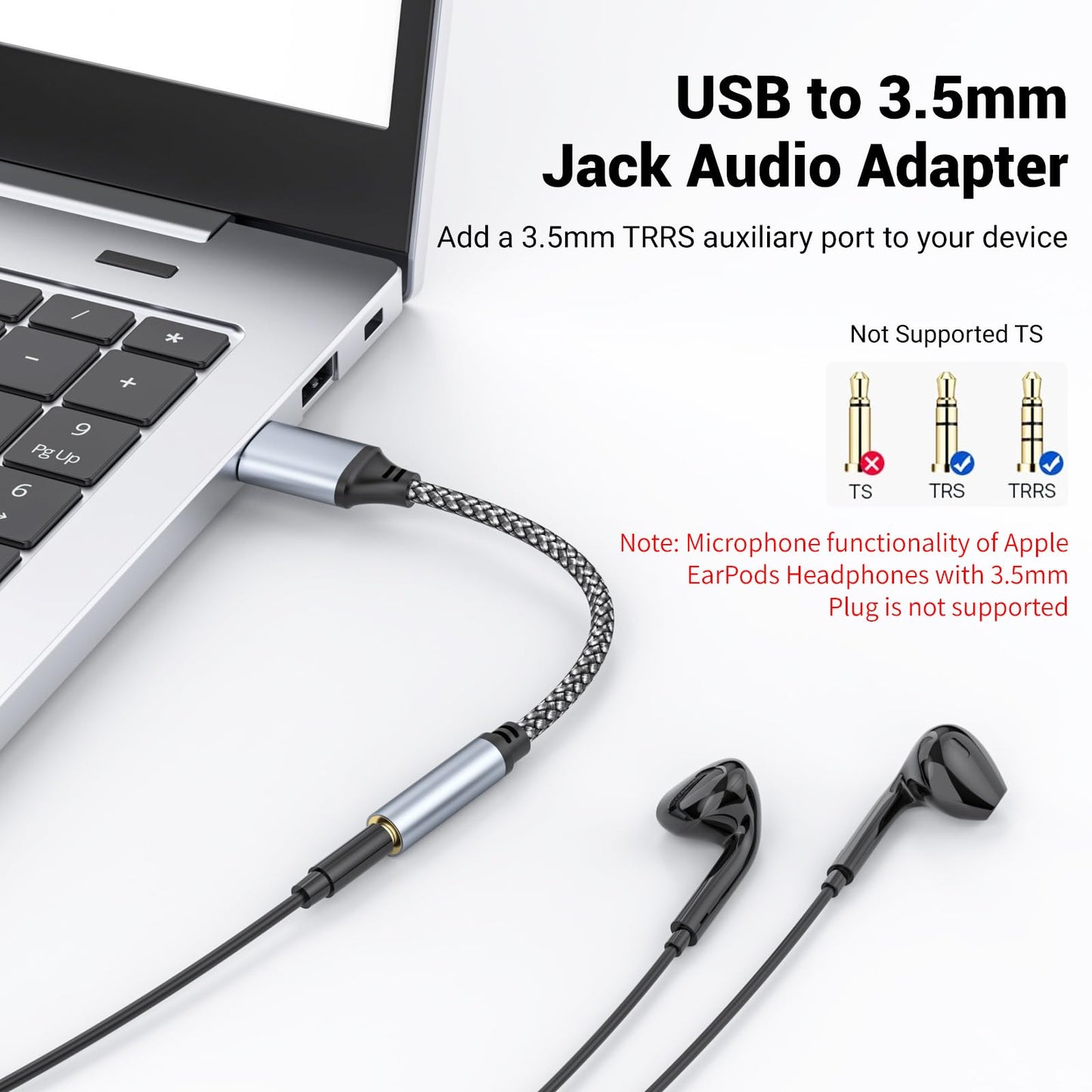 2Pack USB to 3.5mm Jack Audio Adapter, USB to Audio Aux Cable External Stereo Sound Card, USB-A to 3.5mm TRRS Female Headset