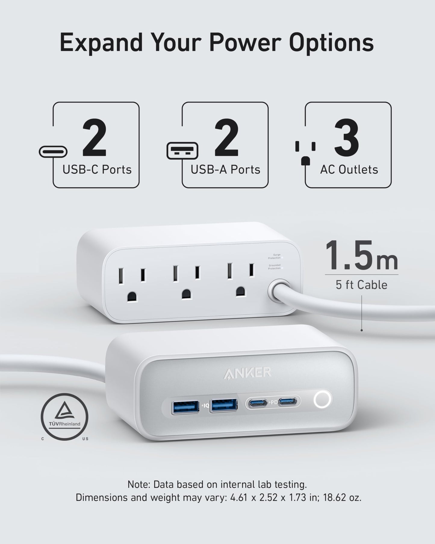 Anker 525 Charging Station, 7-in-1 USB C Power Strip for iphone13/14, 5ft Extension Cord with 3AC,2USB A,2USB C,Max 65W Power Delivery Desktop