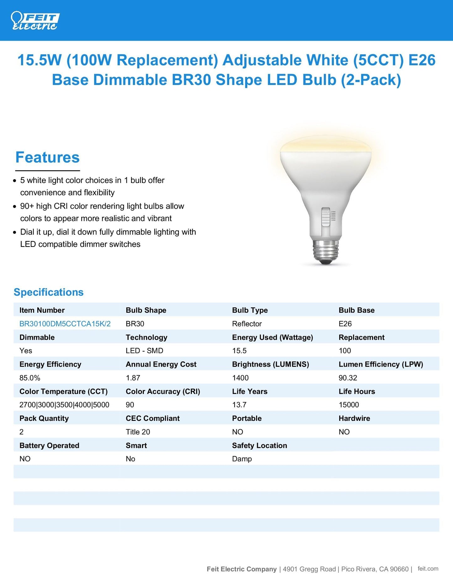 Feit Electric BR30 LED Light Bulb 5CCT Dimmable - 100W Equivalent 2 Pack