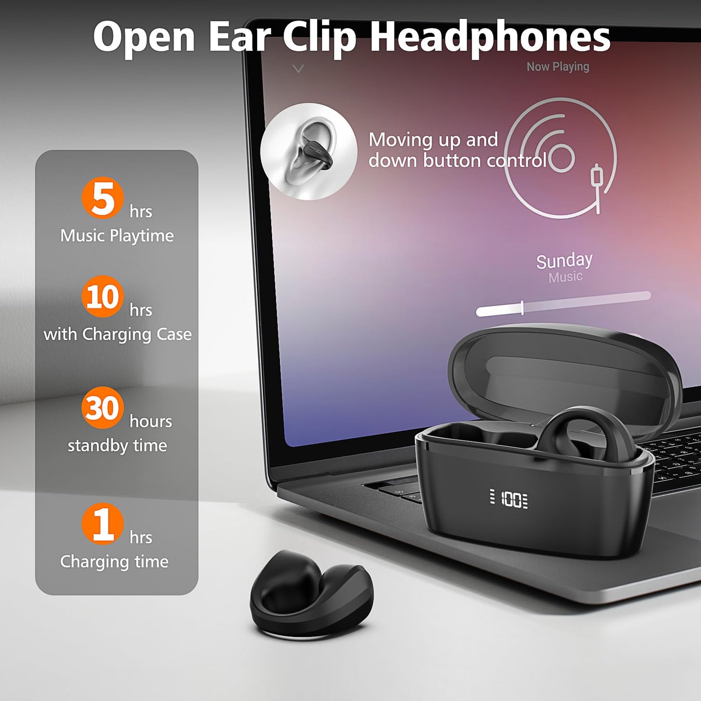 Wireless Earbuds Bluetooth 5.3 ,Open Ear Clip Headphones with Built-in Mic,30H Playtime, Charging Case LED Display Fitness Earbuds for Sports(Black)