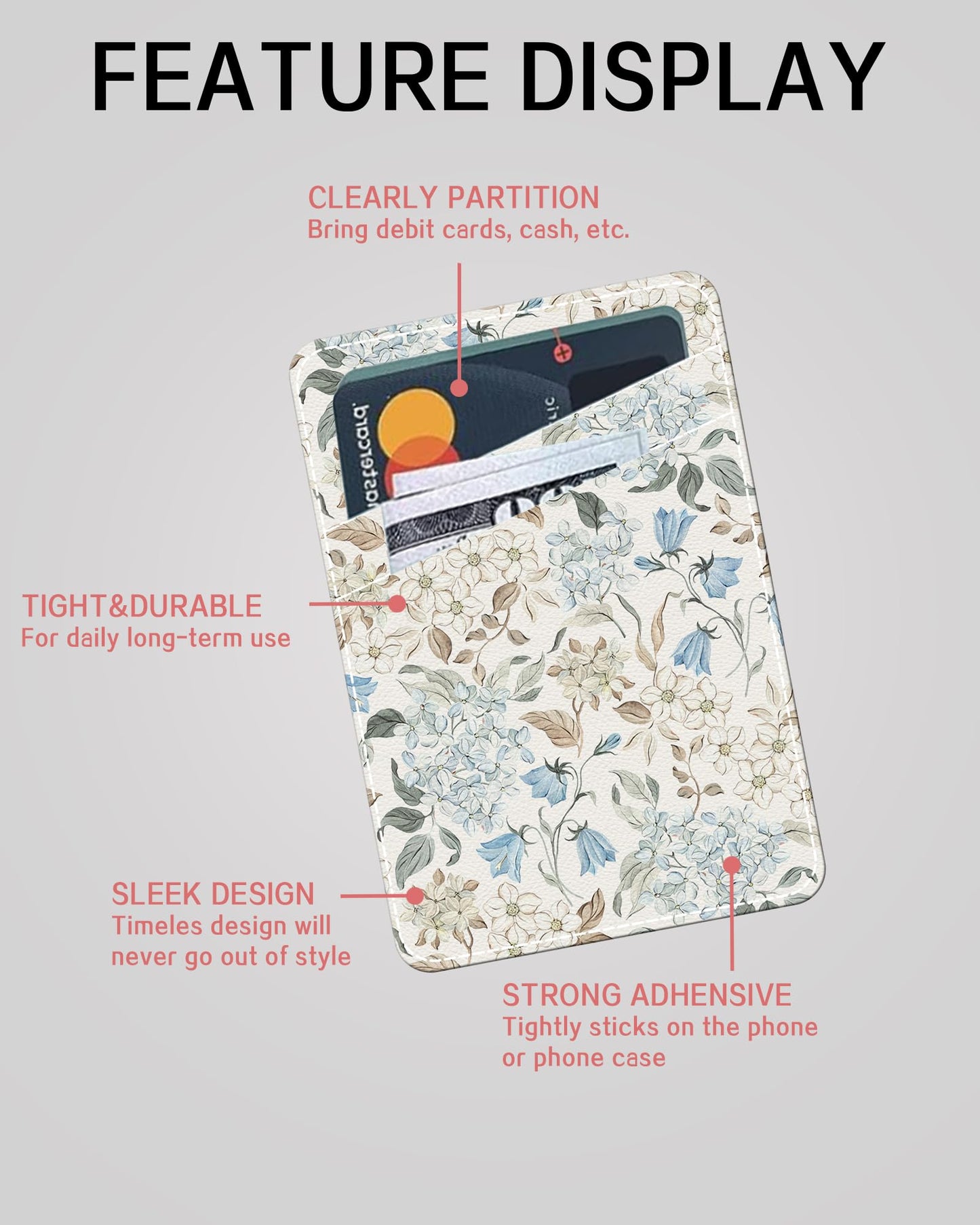 AWHSCP Cute Leather Phone Wallet Stick On, Dual Pocket Credit Card Sticky Wallet, Compatible with Most Cell Phones, Watercolor Flowers