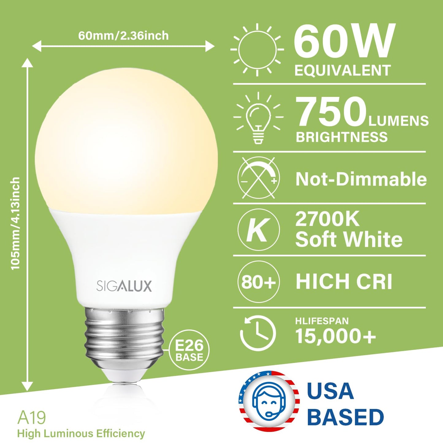 Sigalux EnergyPro, High-Efficiency LED Light Bulbs A19 60W Equivalen Non-Dimmable Warm Lightbulbs E26, Efficient 5W 2700K Soft White, 750 Lumens, ETL