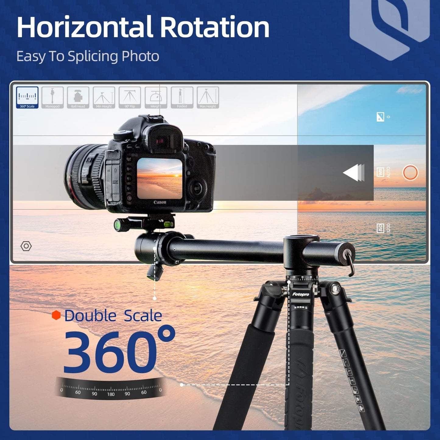 Fotopro 78inch Horizontal Tripod with Multi Angle Center Column Ball Head Aluminum Central Axis Platform, Heavy Duty Camera Tripod Monopod 360° Pan