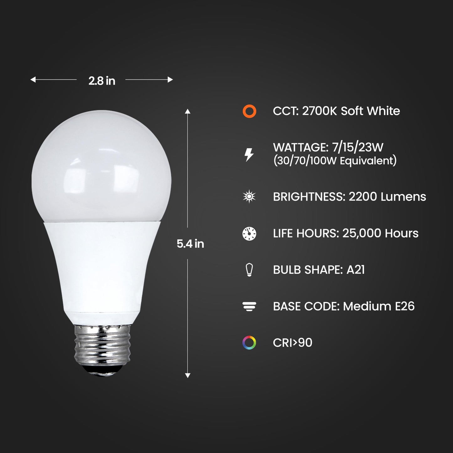 Feit Electric A21 LED Light Bulb, 3-Way Adjustable Wattage 50/100/150 Equivalent, E26 Base, Non Dimmable, 2200 Lumen, 2700K Soft White, General