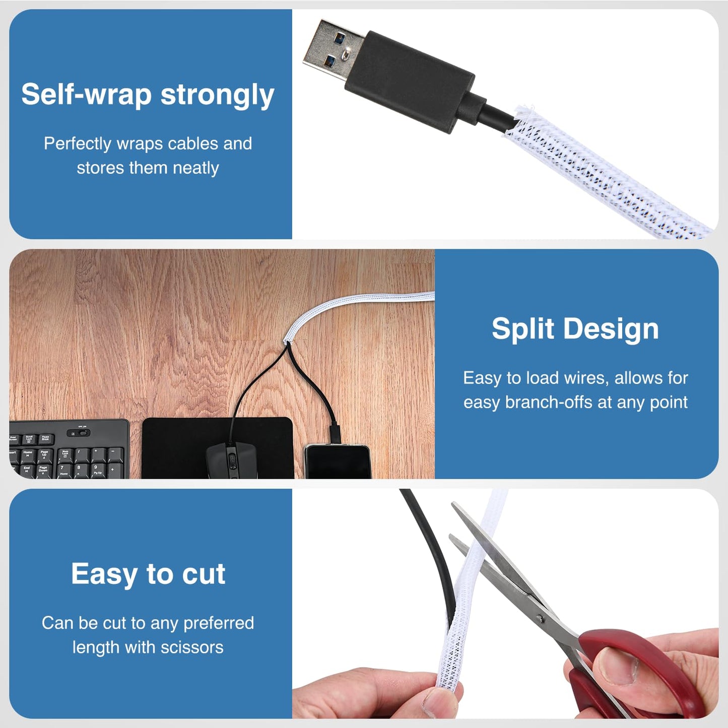 Nilight Cable Sleeve,10ft-1/4inch Cord Management Sleeves, Braided Sleeving, Split Self Wrapping Wire Loom for Computer Electrical Automotive Harness