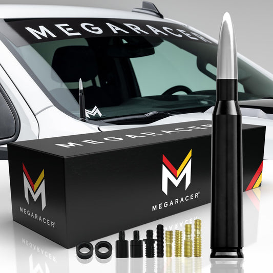 Mega Racer Universal 50 Cal Bullet Antenna for Truck Car SUV - 5.5 Inch Silver Black, AM/FM, 6061 Solid Aluminum, Car Wash Safe, Antenna Replacement