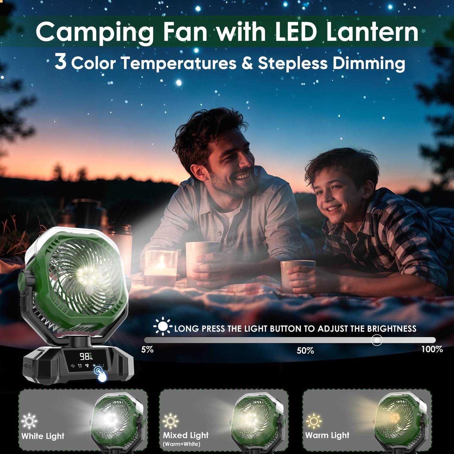 COZII Misting Fan Portable, 20000mAh Camping Fan Rechargeable with Mist - Mister with 360ml Water Tank, Touch Screen, 5 Speeds, 3 Colors LED Lantern