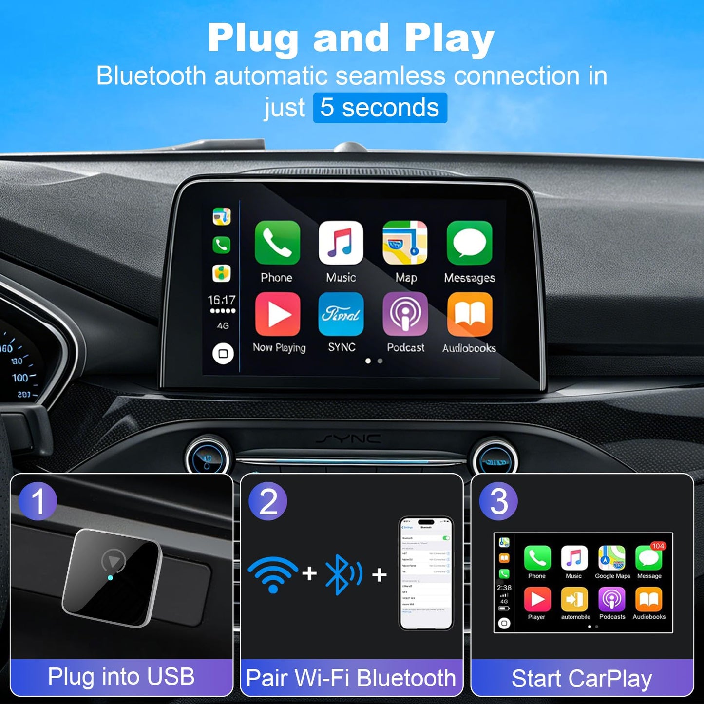 Wireless CarPlay Adapter for Apple iPhone & Android Auto, Wireless Adapter 2026 Upgraded Mini Bluetooth CarPlay 2-in-1 Car Audio & Video Accessories