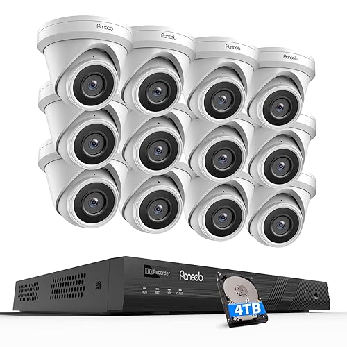 PANOOB 16 Channel Security Camera System 4K PoE, 12x 8MP Wired IP Turret Dome Camera with AI Human Vehicle Detection, Built-in Mic, Remote Access 24-7
