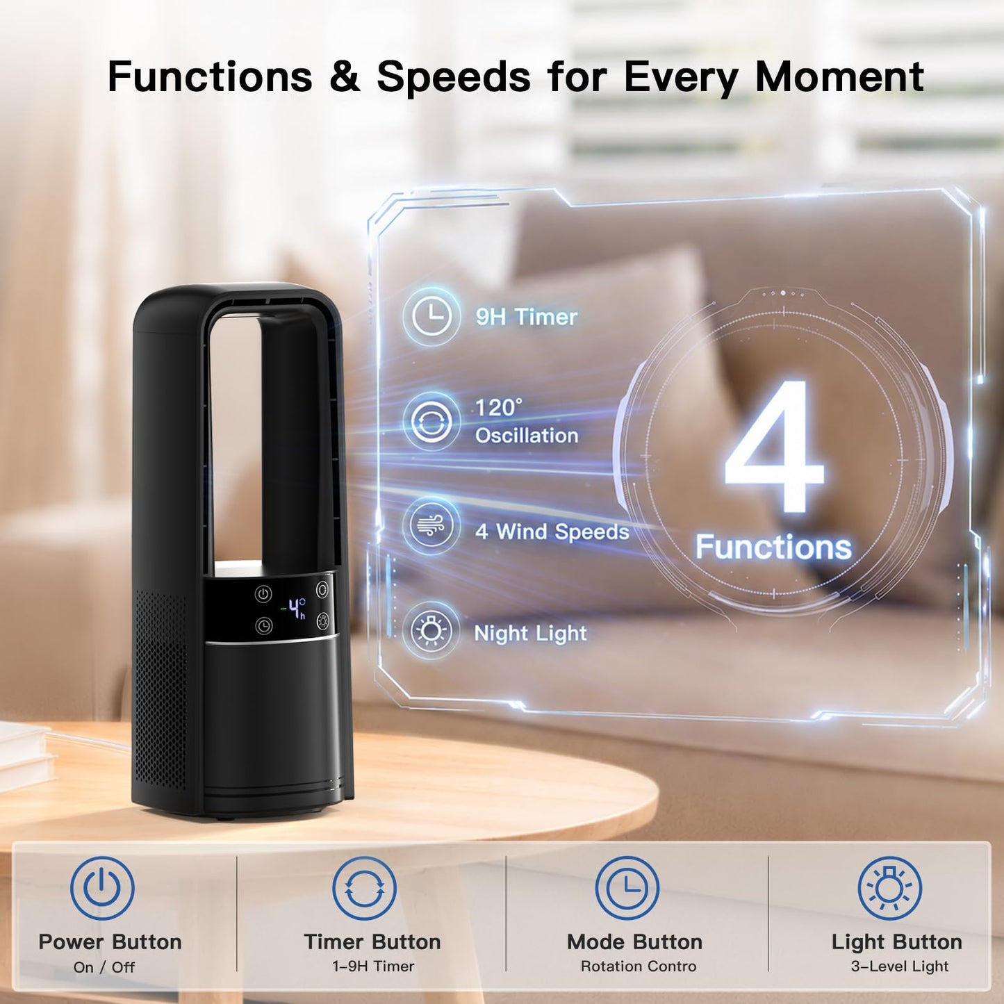 Desk Fan Bladeless, 13.4 Inch Office Fan Small Quiet, 4 Speed Touch Control Bedside Fan with 120° Oscillation, 3 Level Night Light, 9H Timer, Easy