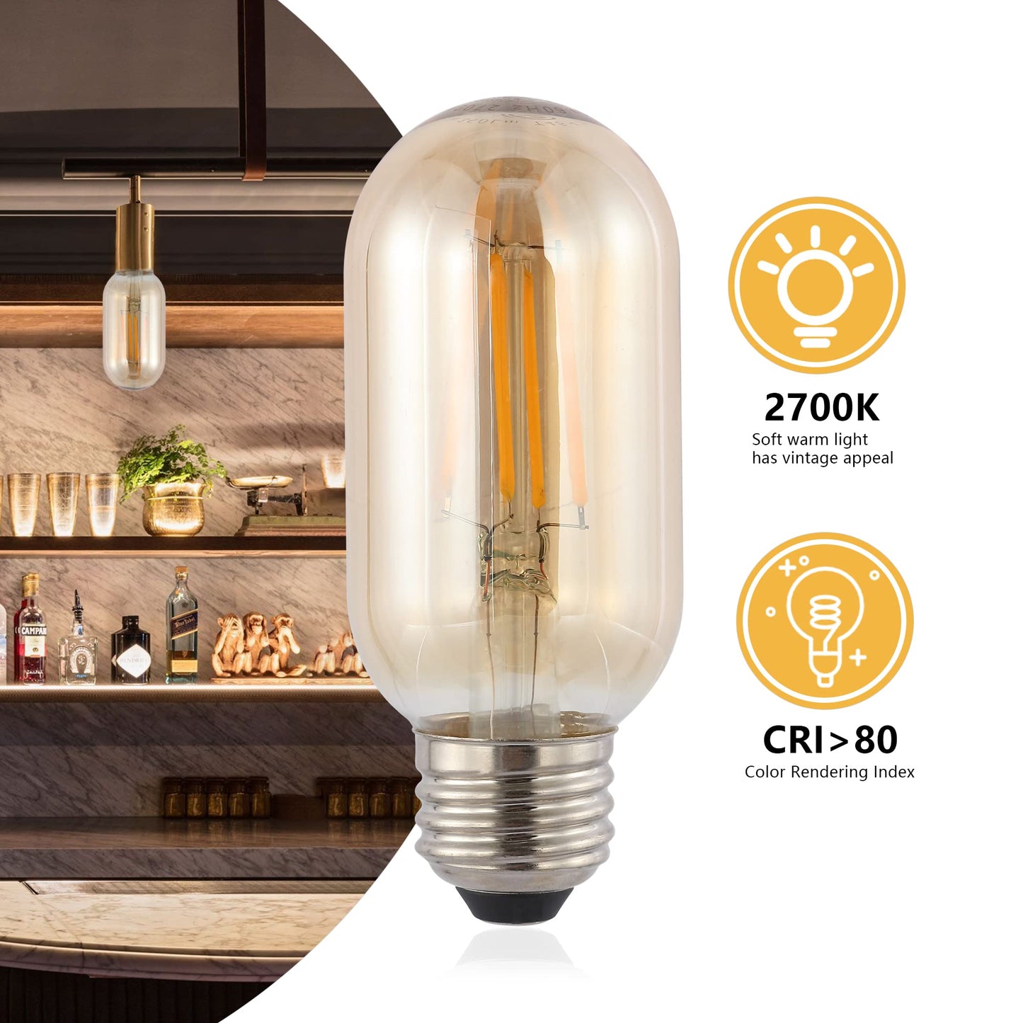 JONATHAN Y 4W Vintage LED Edison Tube Light Bulbs 4.3", Amber, Pack of 6