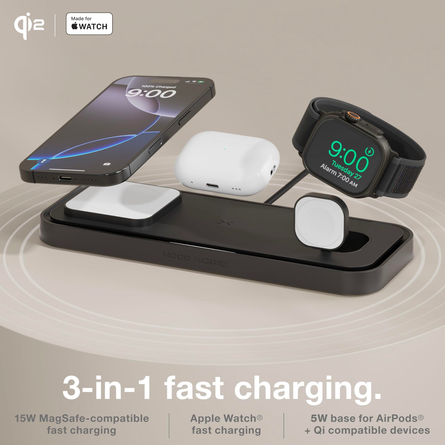 NOCO XGrid XDP3: 3-in-1 Wireless Charging Pad - Charging Station for iPhone, Apple Watch, and AirPods - MagSafe Compatible, Qi2 Certified - Includes