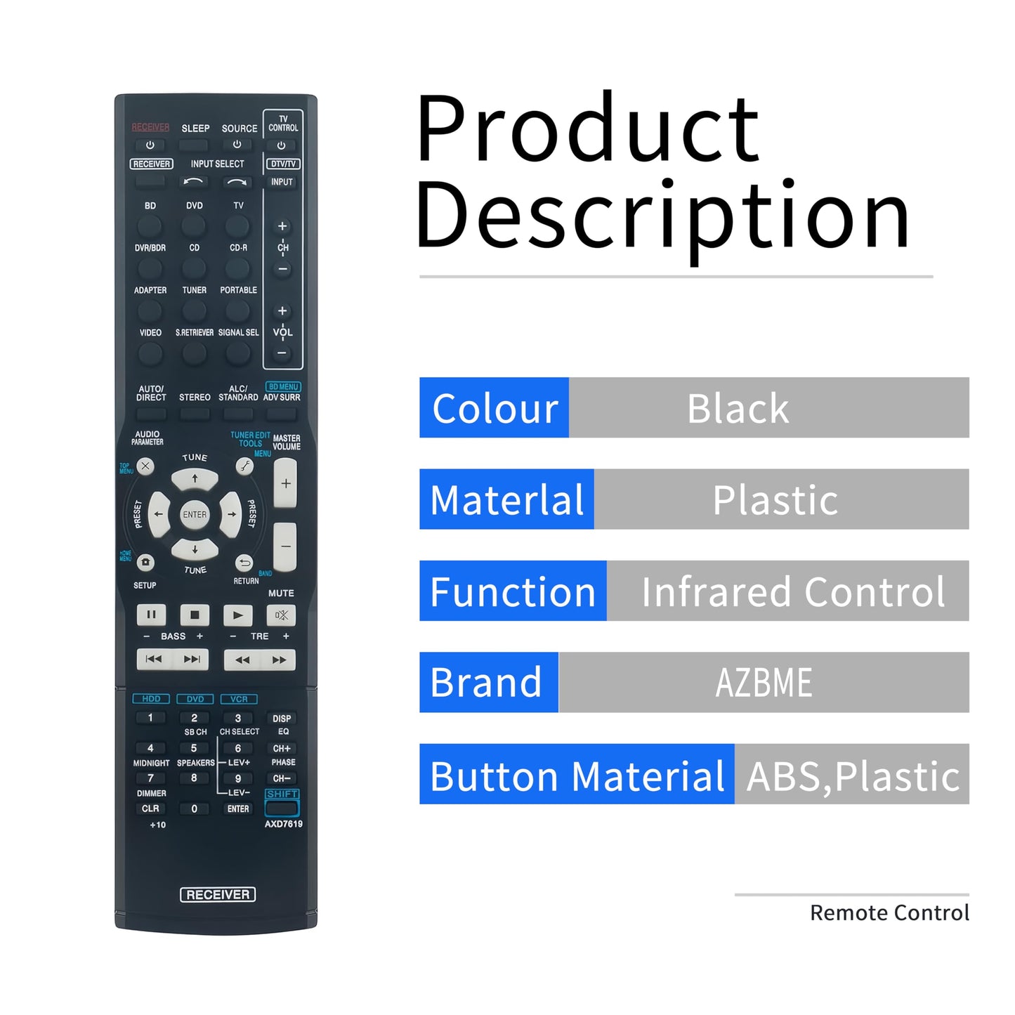 AXD7619 Replacement Remote Control for Pioneer AV Receiver VSX-519V VSX-521-K VSX-1023 VSX-1024-K VSX-822-K VSX-1022-K VSX-1022 AXD7619 AXD7690