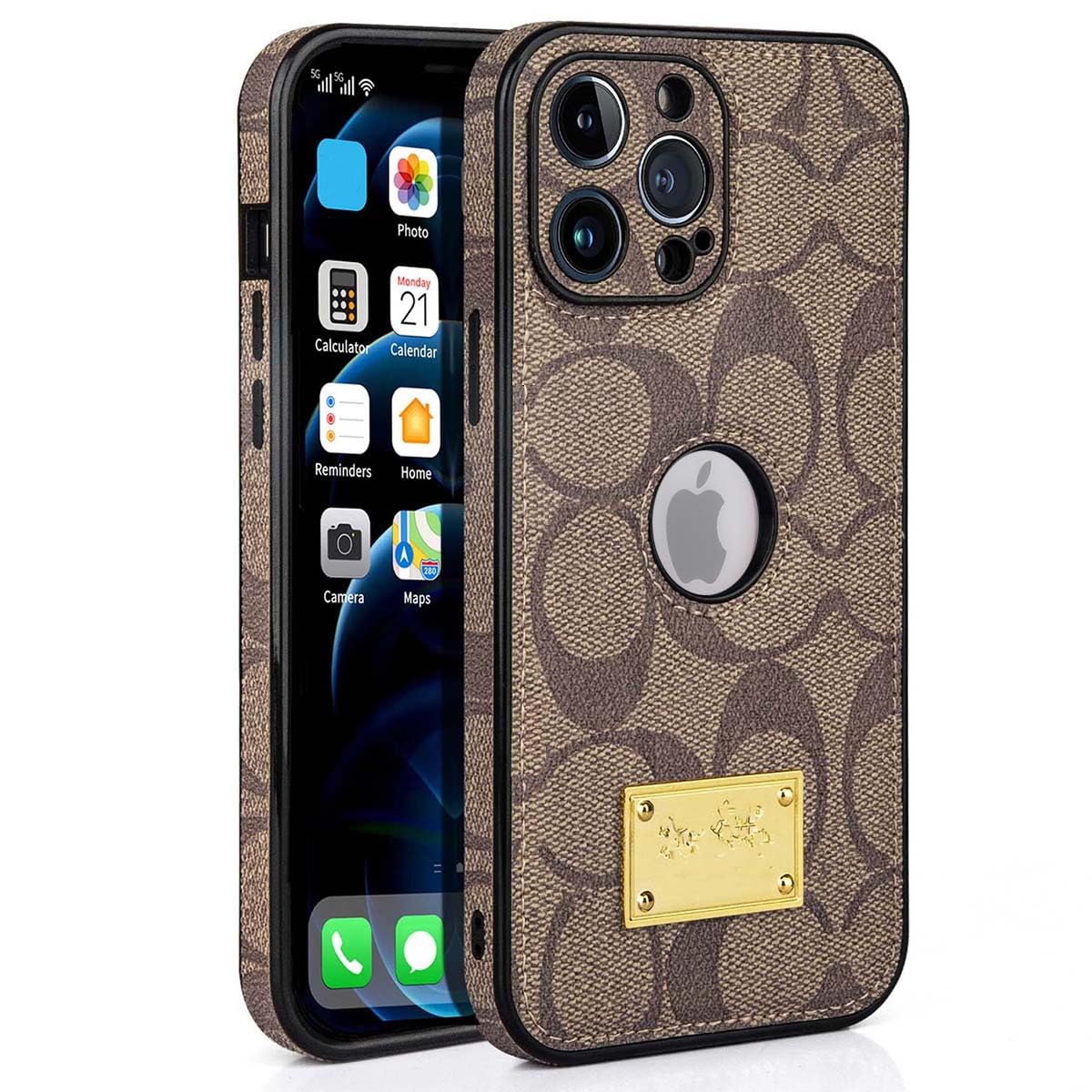 Semaudh for iPhone 16 Pro Max Case with Camera Lens Protector, Logo View, Luxury Designer Classical Leather Full Protection Shockproof Anti-Scratch