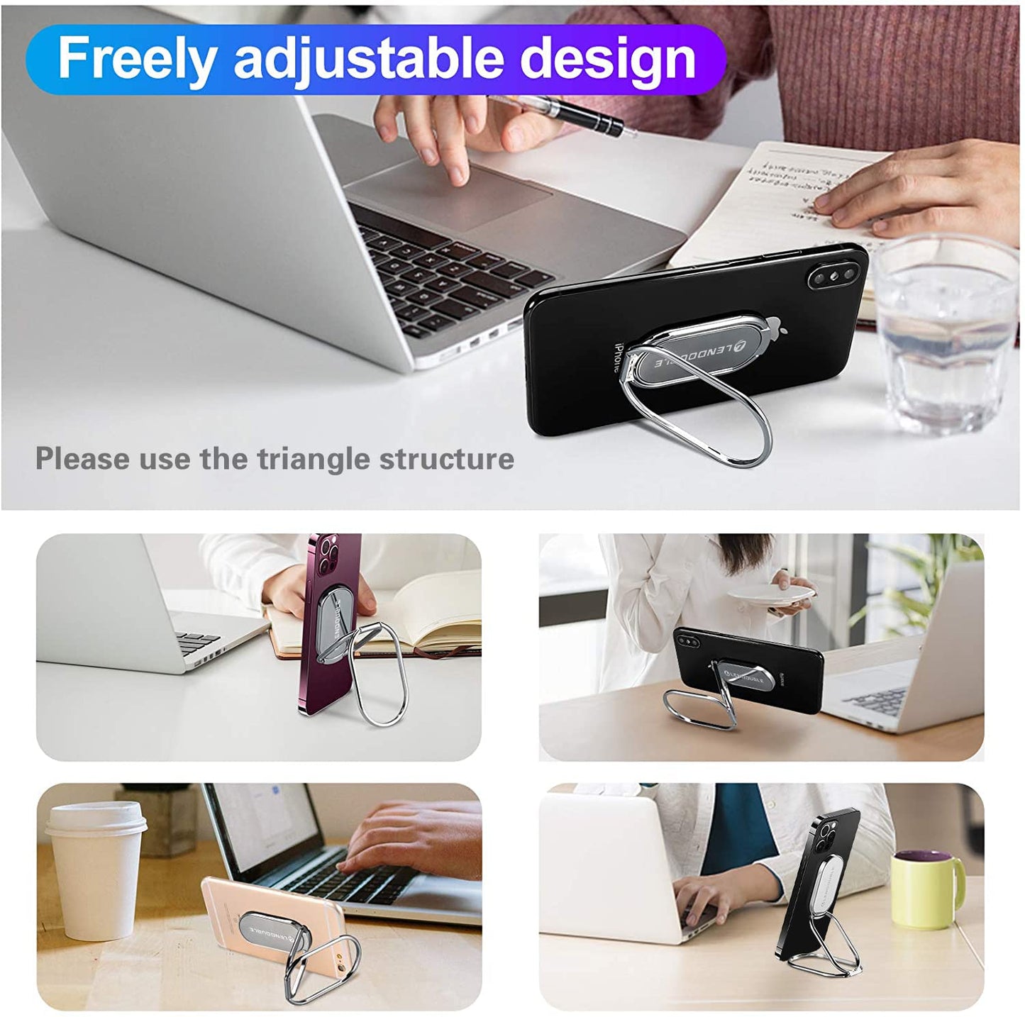 Foldable Cell Phone Stand for Desk, Adjustable Cellphone Ring Holder Finger Kickstand for Office Desktop & Magnetic Car Mount, Rotatable Multi-Angle