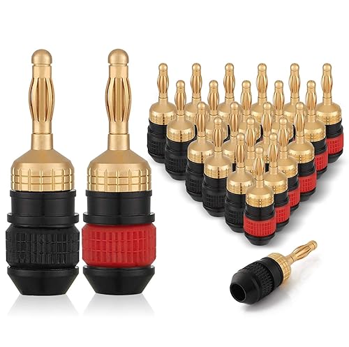 WGGE WG-008 24K Gold Safety Speaker Connector Banana Plugs for Speaker Wire, Wall Plate, Home Theater, Audio/Video Receiver, and Sound Systems ((12