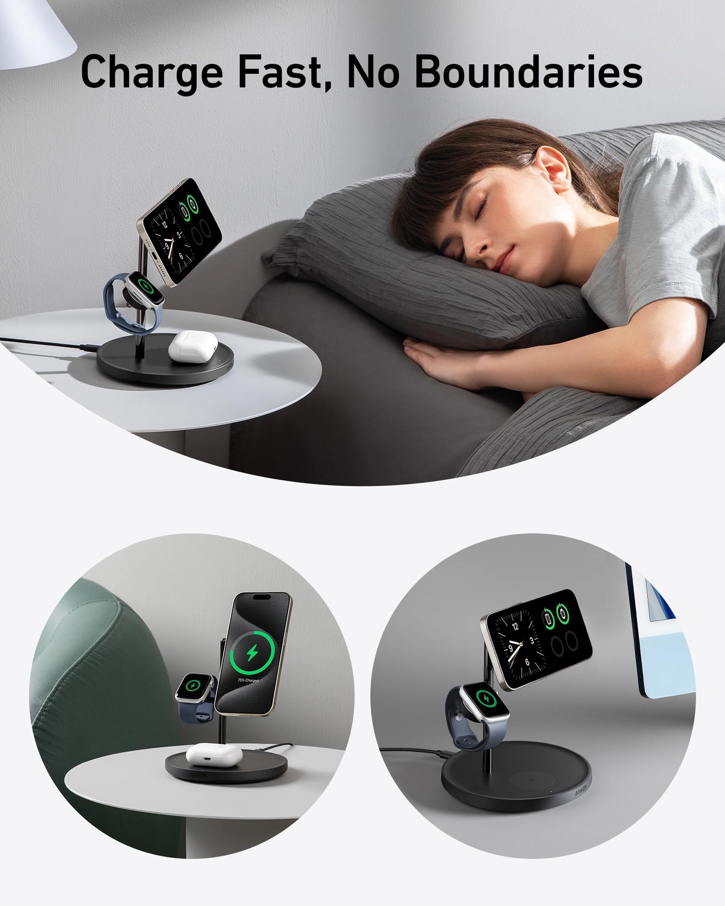 Anker MagSafe Charger Stand Compatible, iPhone 17 MagGo 3 in 1 Wireless Charging Station,Qi2 Certified 15W Wireless Charger, Desk Accessory