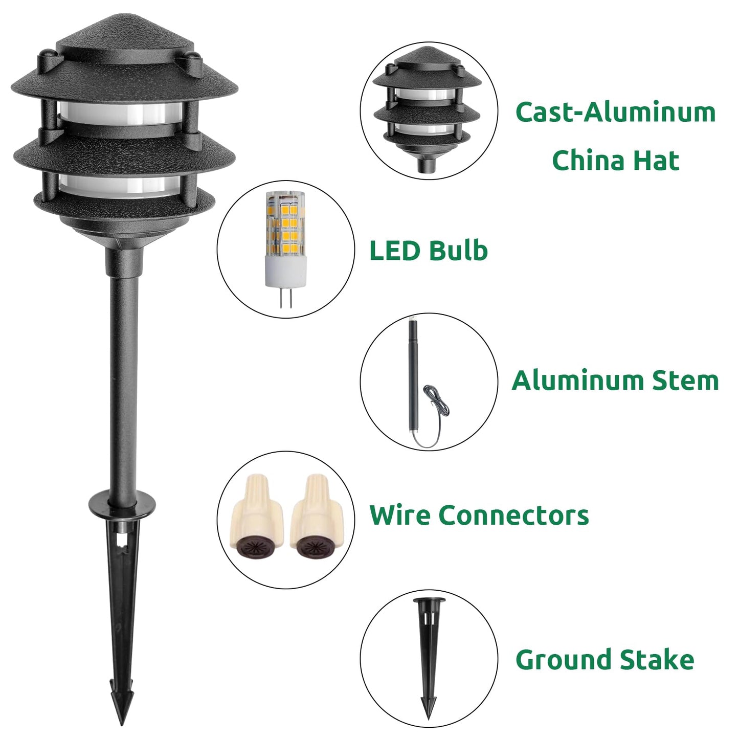 Lumina Lighting® Low Voltage Landscape Lighting Cast-Aluminum Pagoda Path and Area Light Warm White 4W G4 LED Bulb and ABS Ground Stake Included