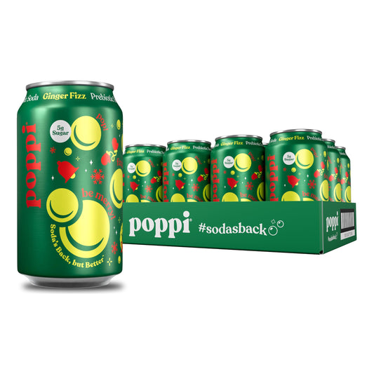 Poppi Sparkling Prebiotic Soda Beverage with Apple Cider Vinegar, Seltzer Water and Fruit Juice, Holiday Ginger Fizz Flavor, 12 oz, Pack of 12, Packaging May Vary