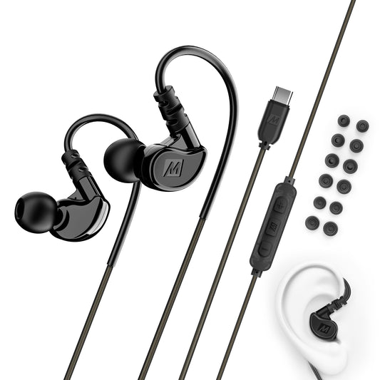MEE Audio M6 Sport USB-C Wired Earbuds with Memory Wire Earhooks, Headset with Mic & 3-Button Remote for iPhone 17 Pro Max, iPad, USB Type C Devices