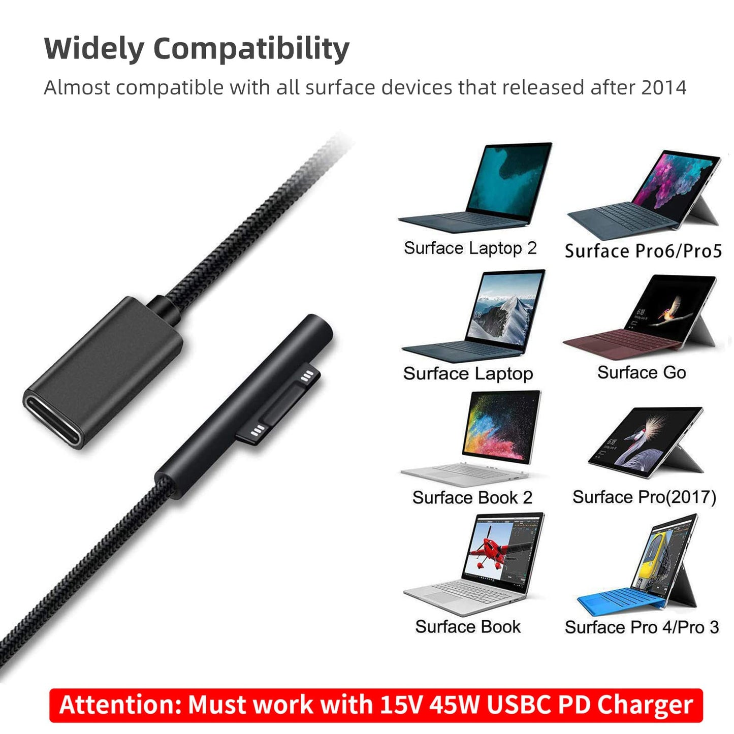Sisyphy Nylon Braided Surface Connect to USB-C Charging Cable Dongle, Requires 45W 15V3A USBC Charger PD Power Supply, Compatible with Microsoft