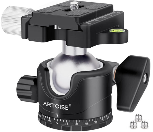 Low Profile Tripod Ball Head 36mm Stability Panoramic Tripod Head 360 Rotating Metal Ballhead with 1/4 inch Arca QR Plate for DSLR Cameras Tripods