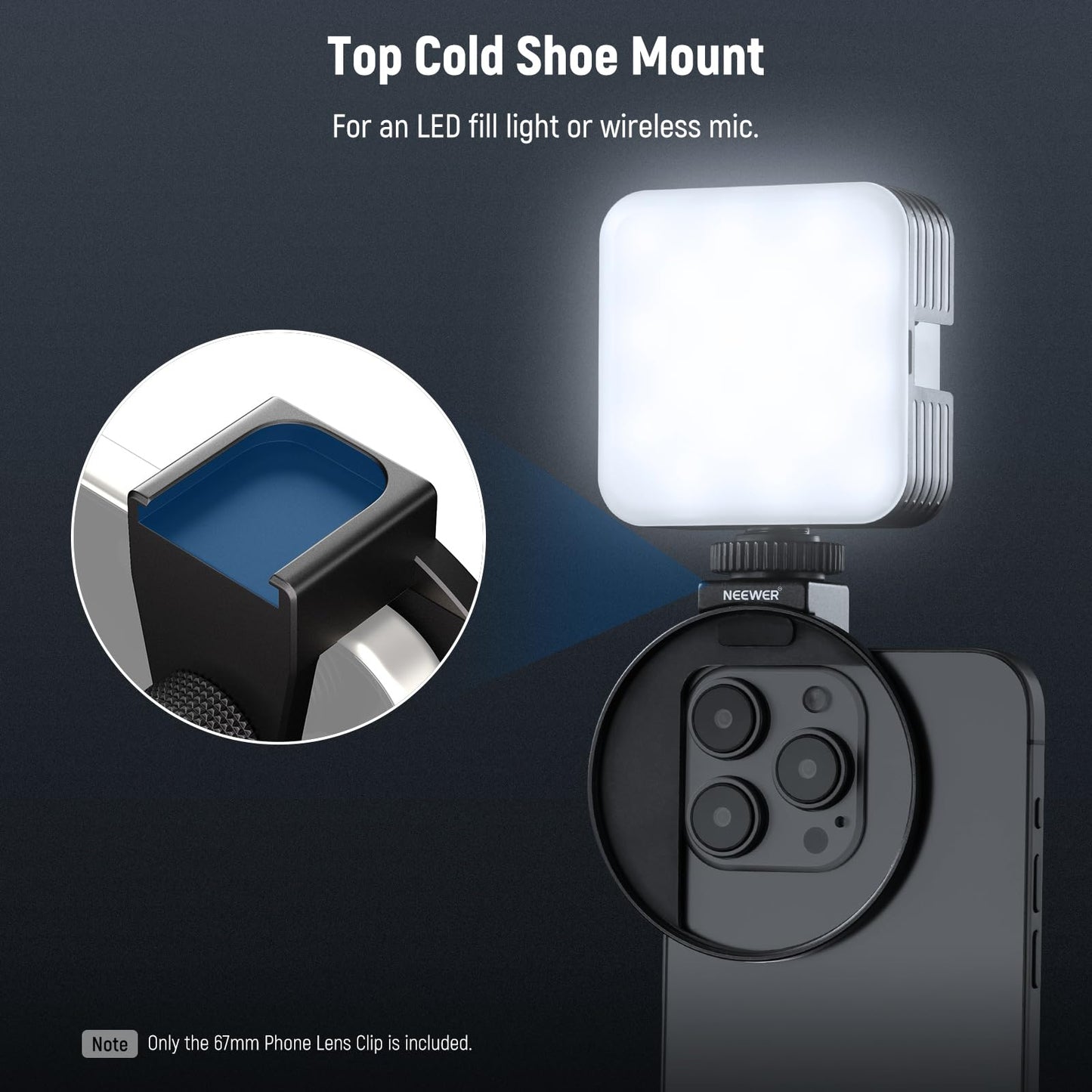 NEEWER 67mm Phone Filter Mount, Adjustable Threaded Lens Filter Clip with Cold Shoe Mount Compatible with iPhone 17 16 15 Pro Max Plus 14 13 Samsung