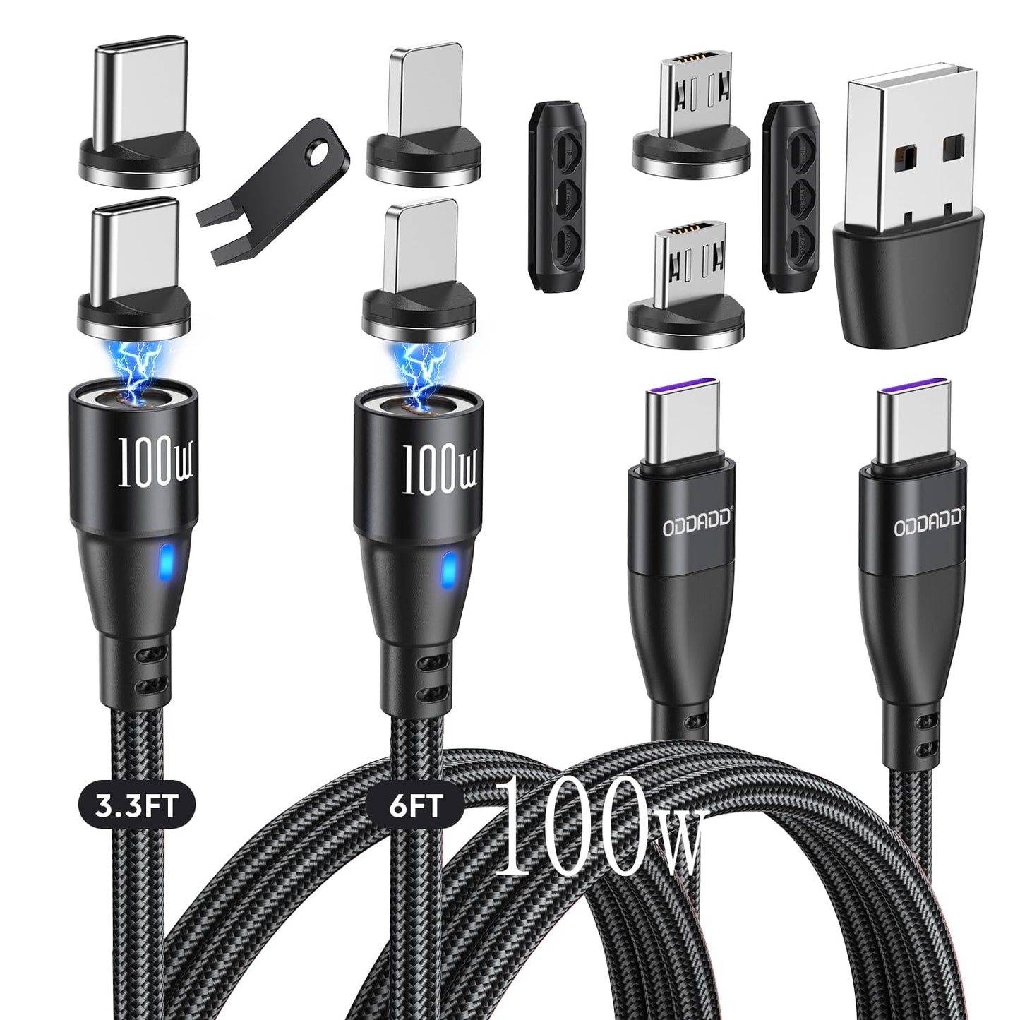ODDADD 100W USB C Magnetic Charging Cable 2pack(3.3ft+6ft), 6 in 1 Magnetic Fast Charging Cable, Magnetic USB C Charging Cable Compatible with Micro
