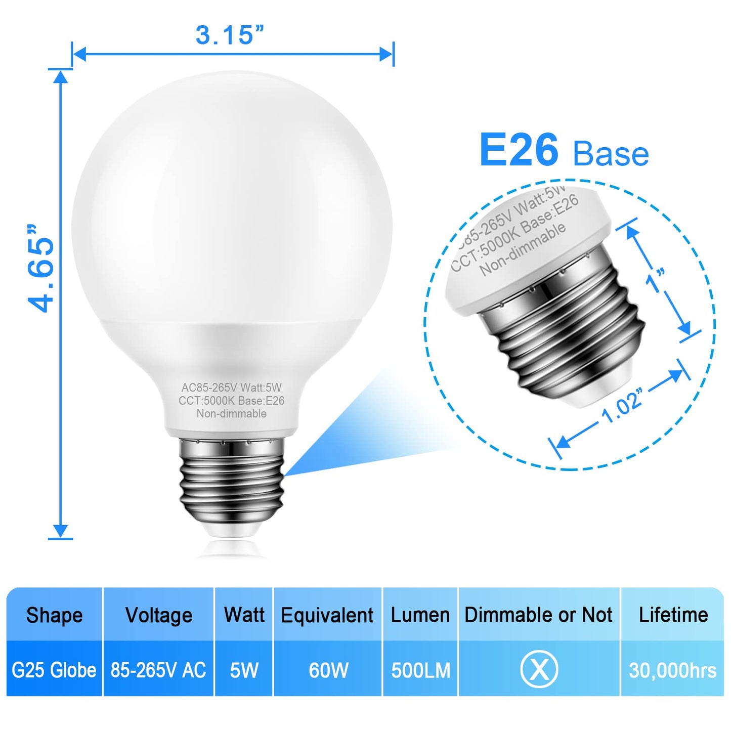 Marxlait Bathroom Vanity Light Bulbs, 60W Equivalent, E26 Base, Daylight