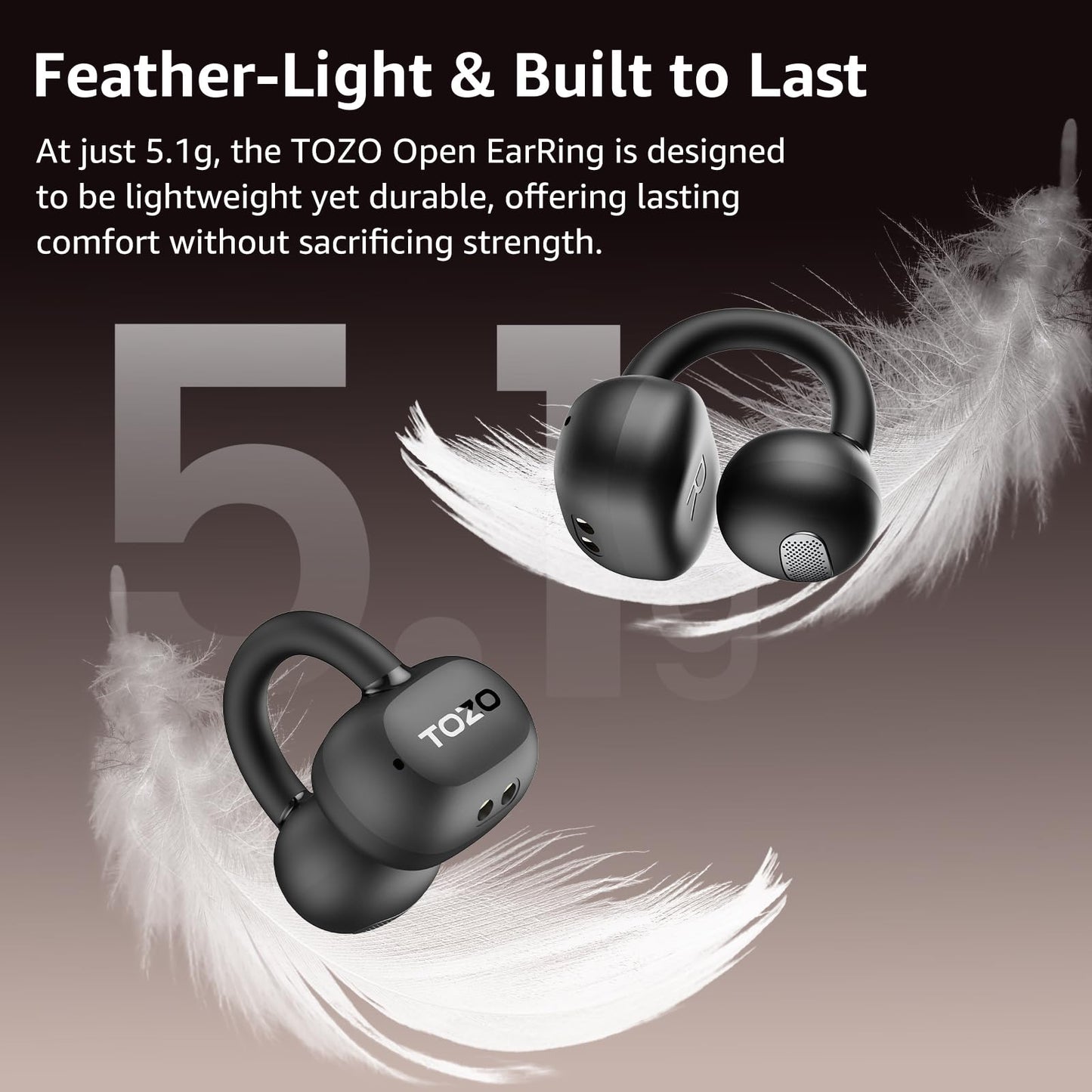 TOZO OpenEarRing True Open Ear Earbuds, Lightweight Comfort Open Ear Clip Wireless Earbuds, 40H Play Bluetooth 5.4 Headphones with Smart Digital