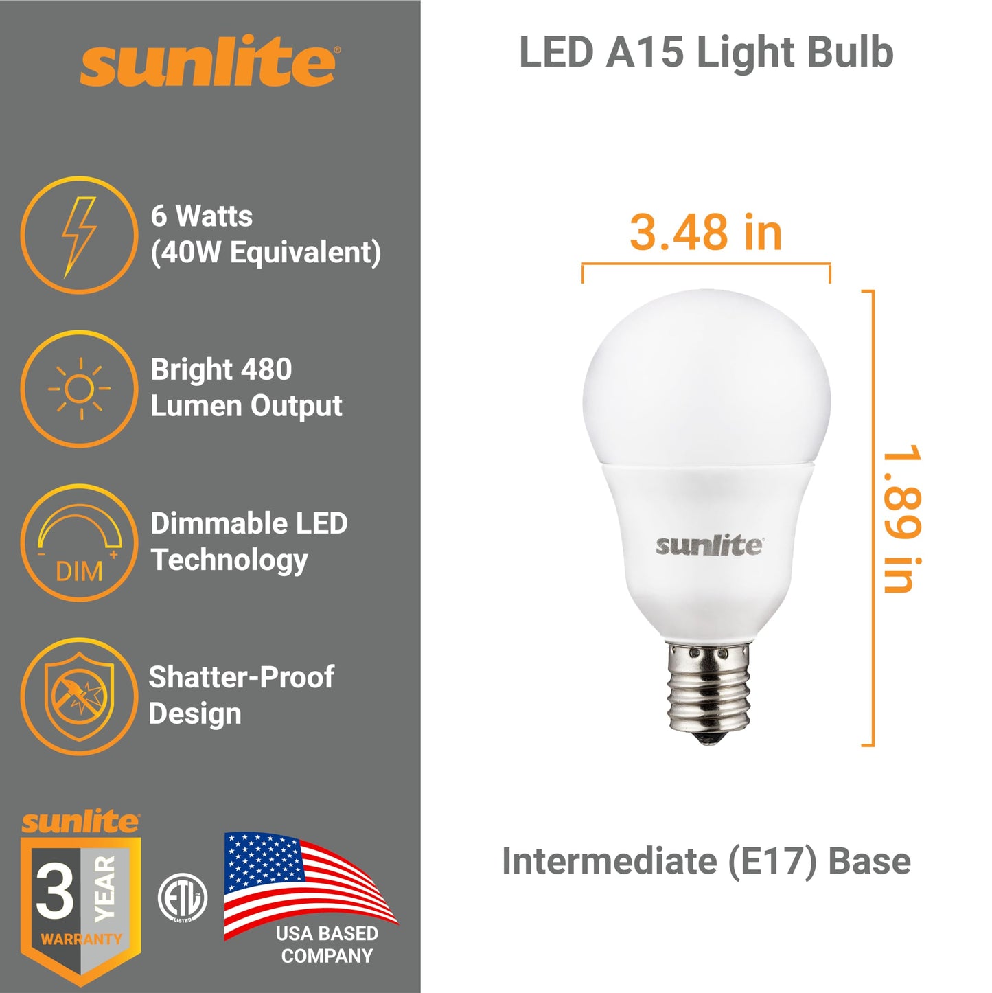 Sunlite A15 E17 LED Bulb, Intermediate Base Light Bulbs, 6 Watts (40W Equivalent), 480 Lumens, Dimmable, for Ceiling Fan and, Lighting Fixtures