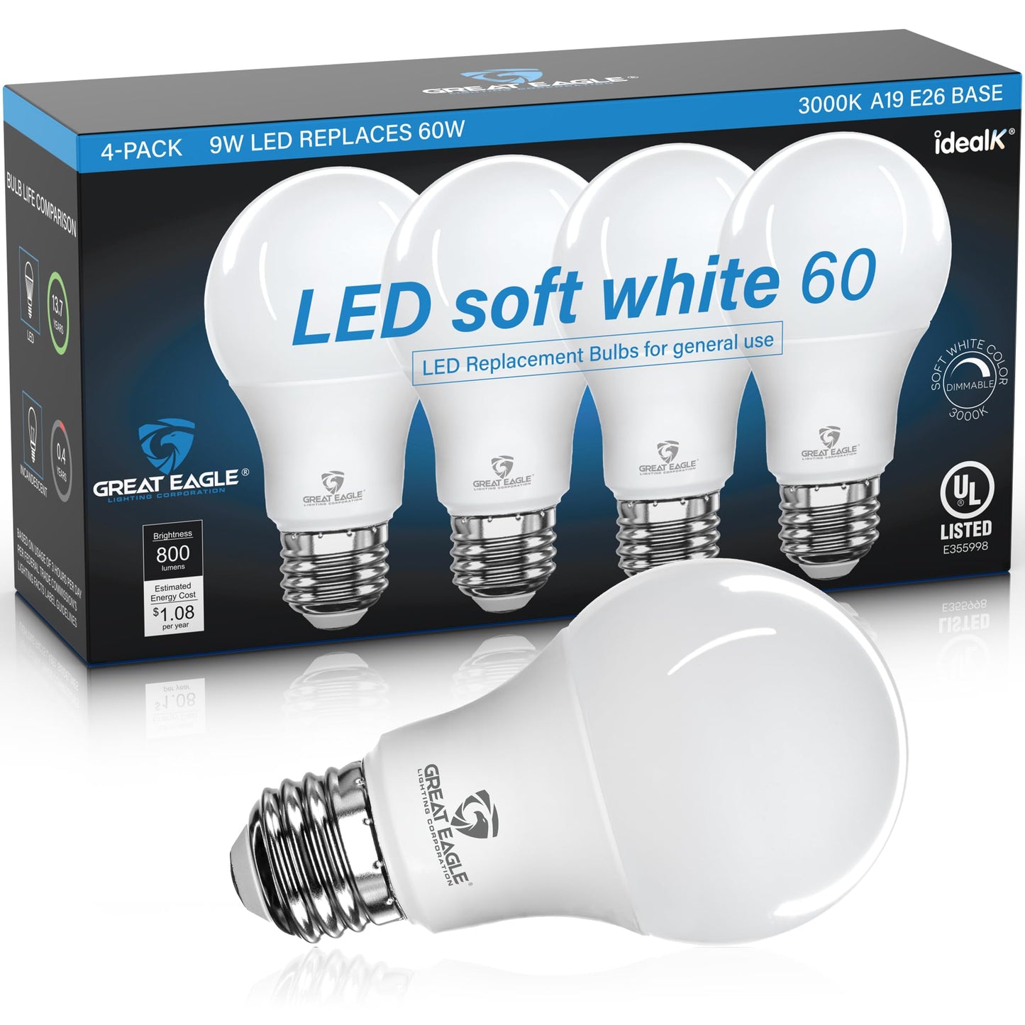 Great Eagle A19 LED Light Bulb, 9W, 60W Equivalent, UL Listed, 3000K Soft White, 800 Lumens, Dimmable, 4-Pack