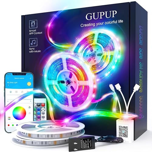 GUPUP LED Lights Strip 100 FT, LED Lights for Bedroom 100ft, RGB Rope Light for Room, Bluetooth APP Control,Color Changing Strip, Sync with Music,para
