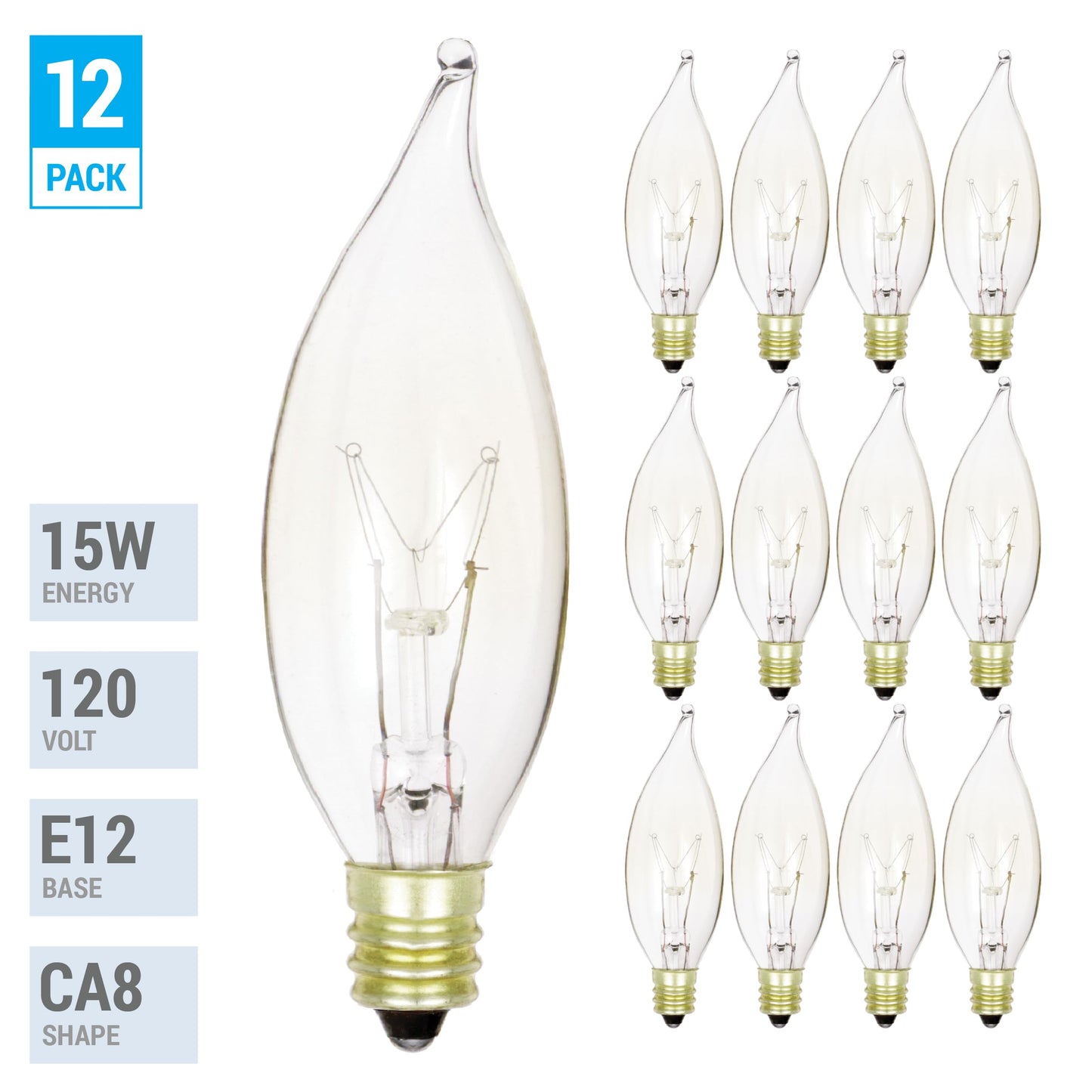 KOR 15W Clear Flame Tip Incandescent Bulbs, Candelabra E12, 12-Pack