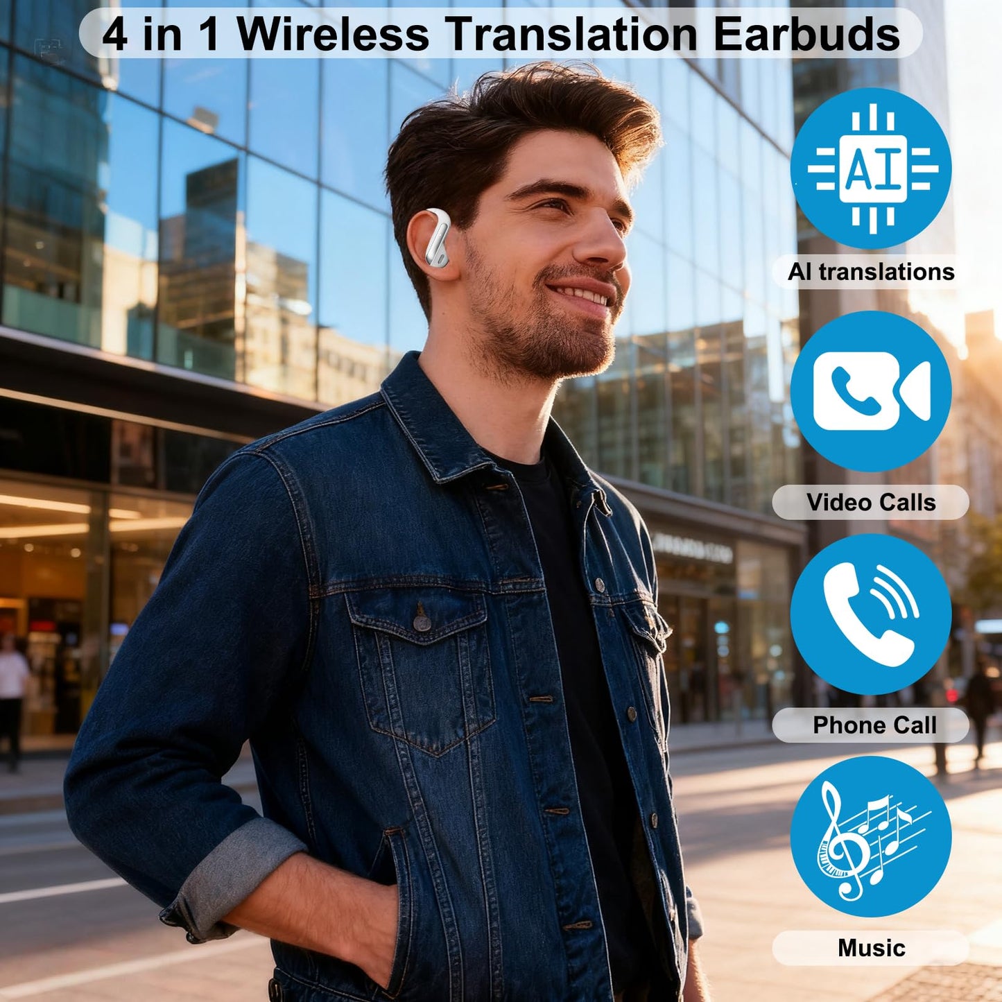 Translation Earbuds Real Time AI-Powered 164+ Language, 3-in-1 Translator for Travel, Business, and Study, Wireless Noise Cancelling, Portable Design