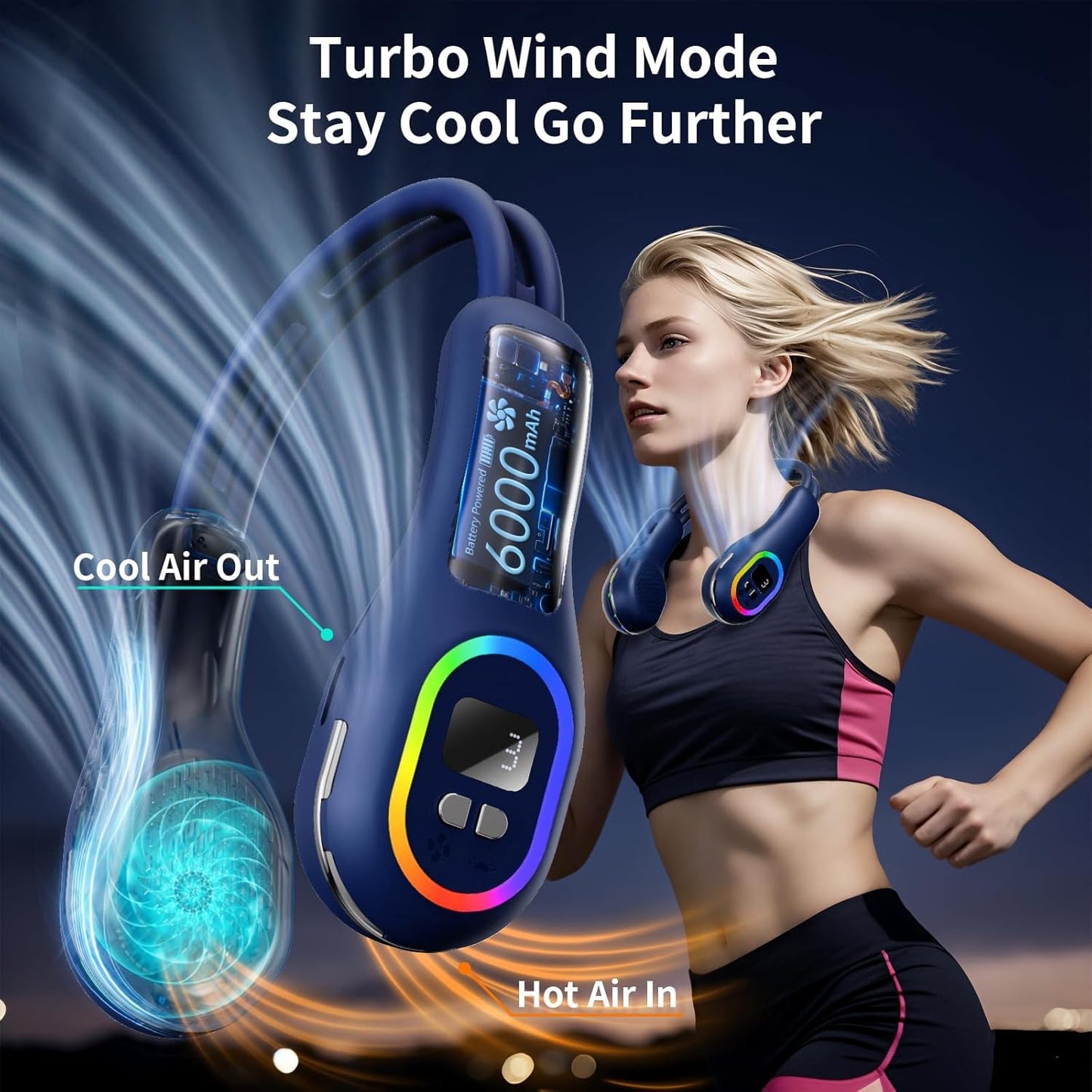 VEKK Portable Neck Fan, 360° Wind Direction Adjustment Bladeless Fan, 6000mAh Battery Operated Wearable Personal Fan, Flexible Cooling Fan for Outdoor