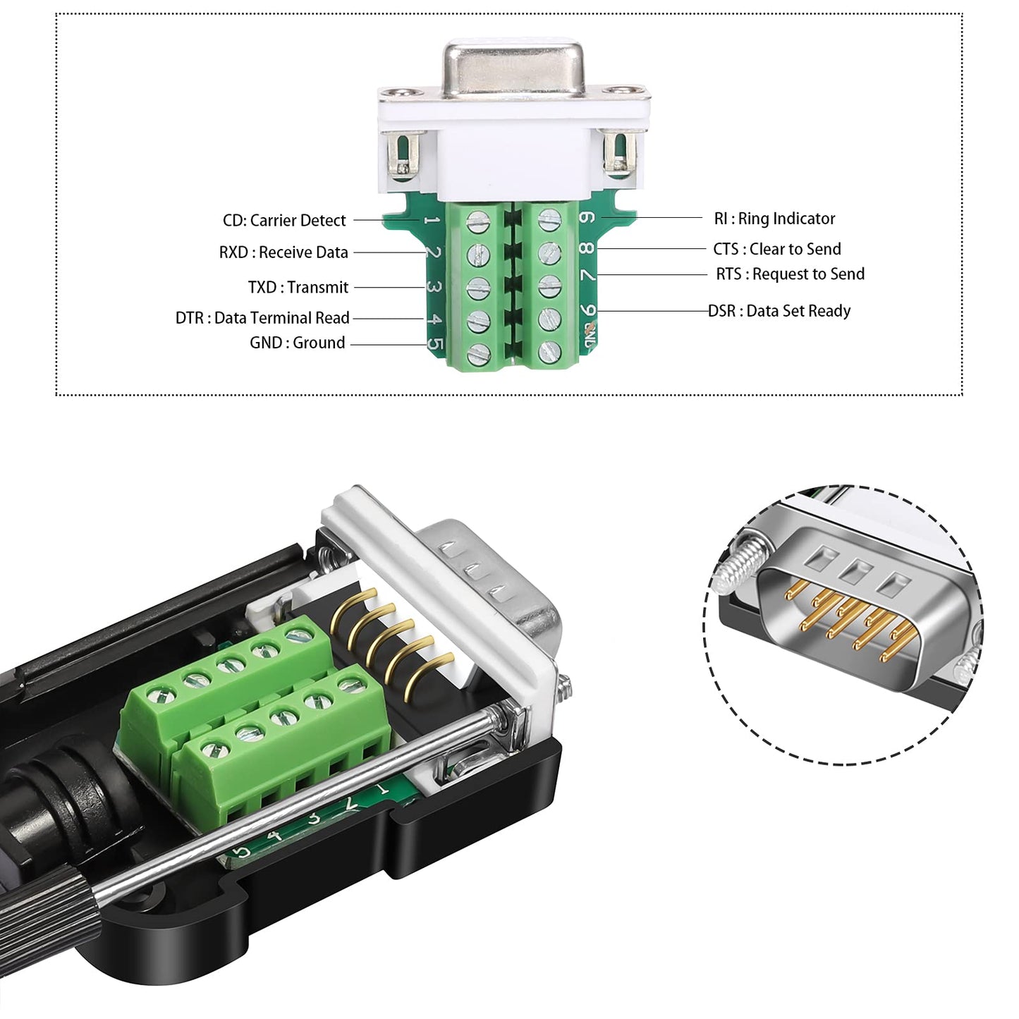 Dbilida DB9 Solderless Connector (2Male+2Female), DB9 Breakout Connector RS232 D-SUB Serial to 9pin Port Terminal with Case
