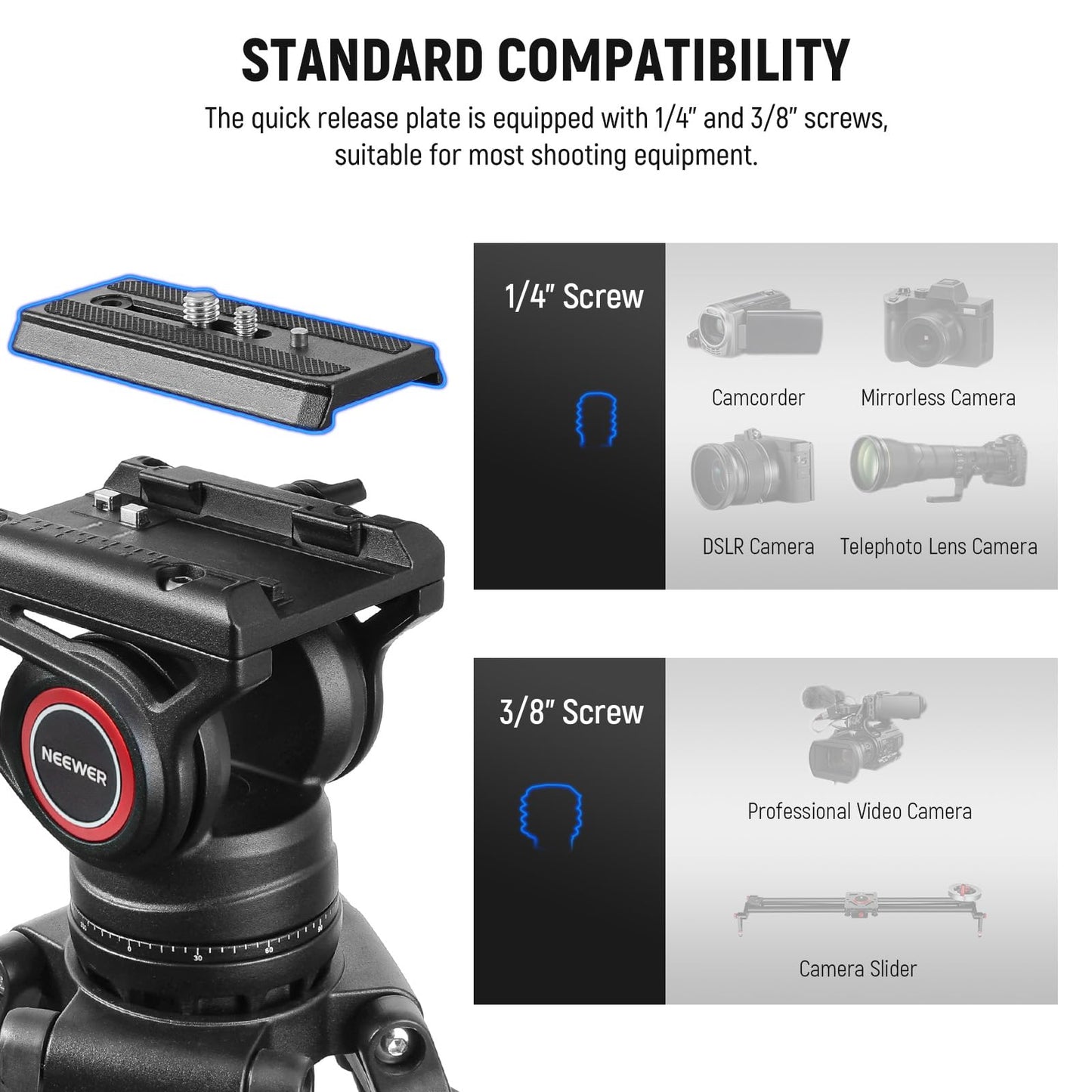 NEEWER 74" Video Tripod with Fluid Head & Damping Control, Aluminum Heavy Duty Camera Stand Professional with QR Plate for DSLR Camcorders for Video