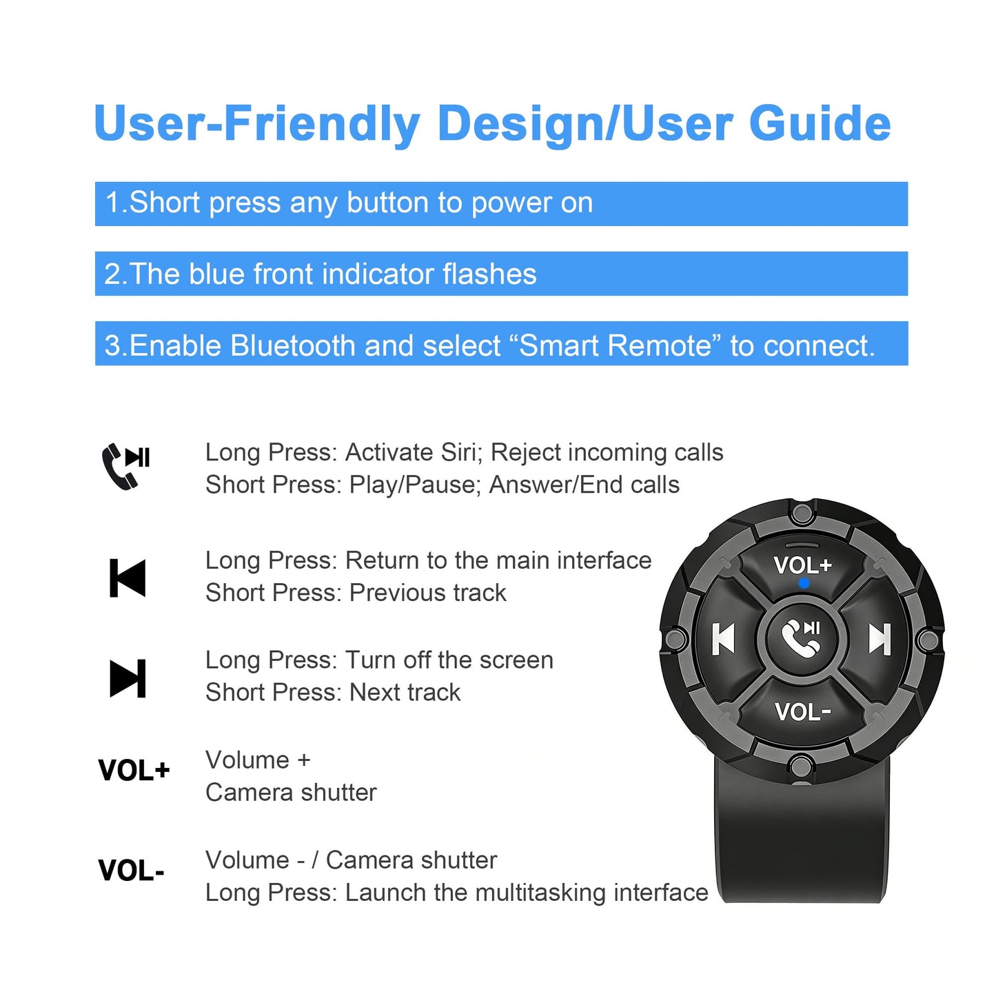 Bluetooth Media Button, Waterproof Wireless Music Controller for Car Steering Wheel, Bike & Motorcycle Handlebars, Multimedia Playback & Shutter
