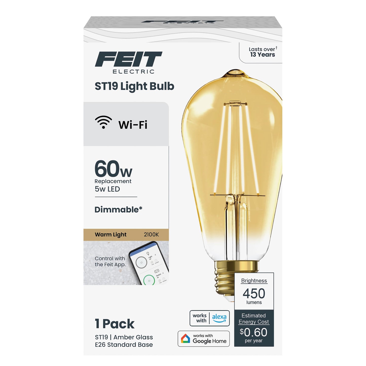 Feit Electric ST19 LED Smart Light Bulb, 60W Eq, Amber 2100K, E26 Base