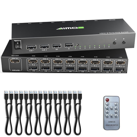 KVM Switch 8 Ports with Hotkey, 8 in 1 Out USB 2.0 HDMI KVM Switcher Support 4K@30Hz for 8 PC Share Keyboard and Mouse, Compatible