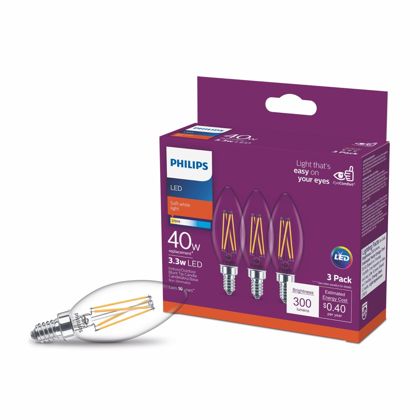 Philips LED Clear Non-Dimmable B11 Light Bulb - EyeComfort Flicker Free - 3.3W = 40W, 300 Lumen - Soft White (2700K) - E12 Base - Indoor - Pack of 3