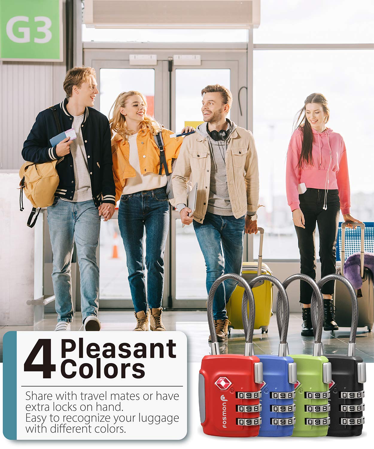 Fosmon TSA Approved Luggage Locks – 3 Digit Combination Cable Padlock with Long Shackle for Suitcases, Backpacks, Gym Lockers & Travel