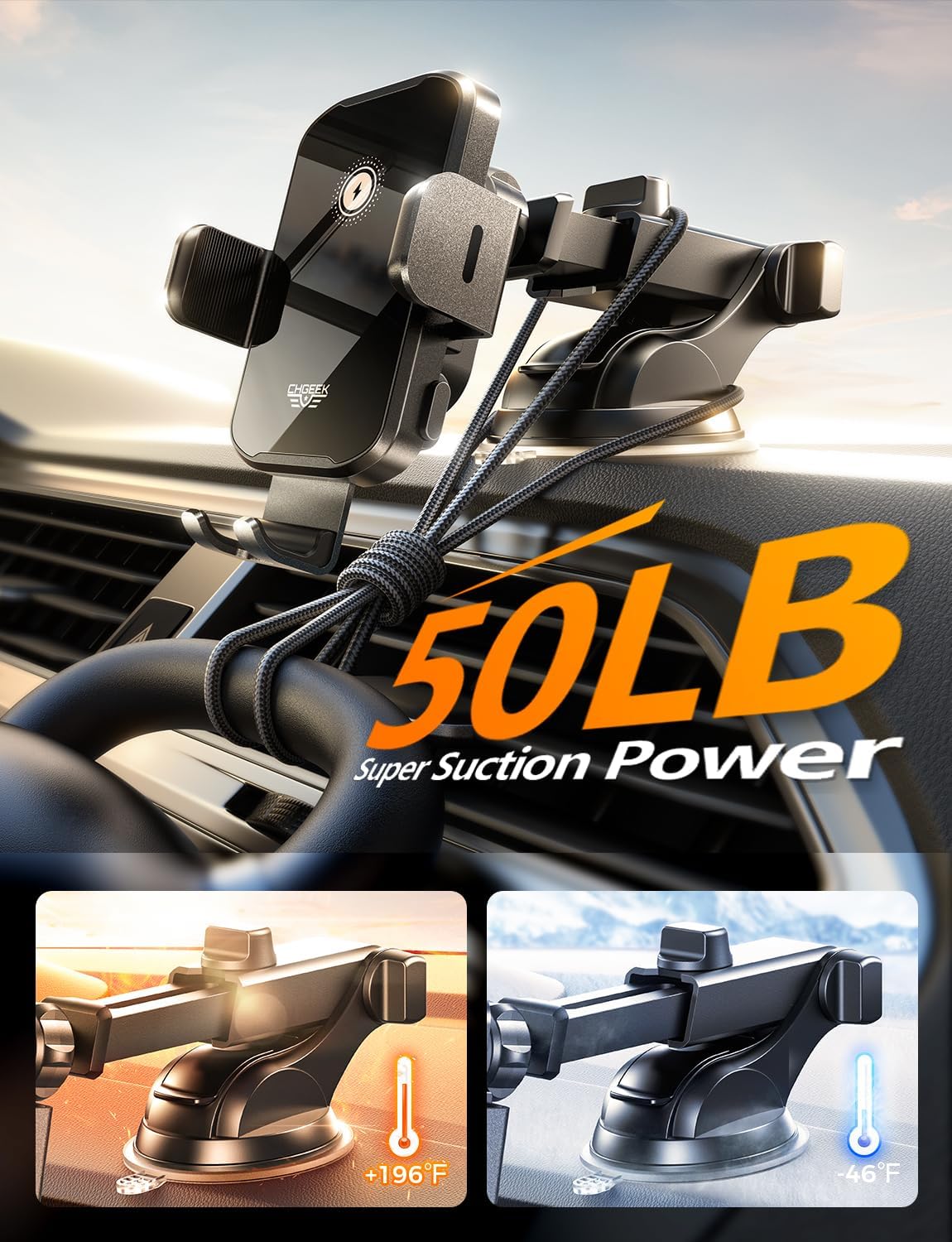 CHGeek Wireless Car Charger Phone Holder Mount, 15W Fast Charging Auto Clamping Phone Holders for Your Car Dashboard Windshield Air Vent Car
