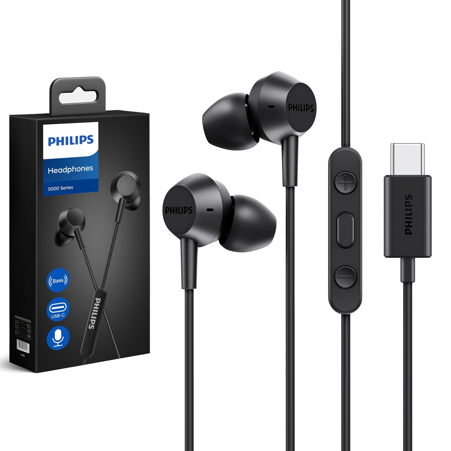 Philips Wired Earbuds USB C with Microphone, in Ear Type C Headphones with mic, Powerful Bass, Lightweight, USB-C Wired Earphones, 3-Button in-line