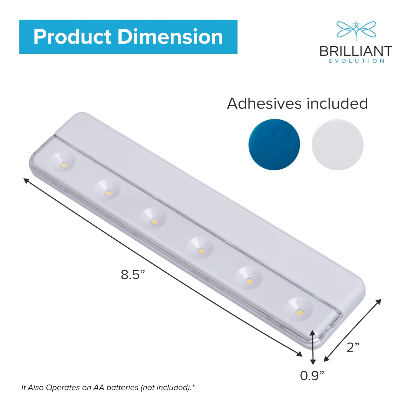 Brilliant Evolution 0.9" Ultra-Thin Wireless Under Cabinet Lights Battery-Operated LED Fixtures - 8.5" L Stick-On Push Lighting - 65 Lumens Warm
