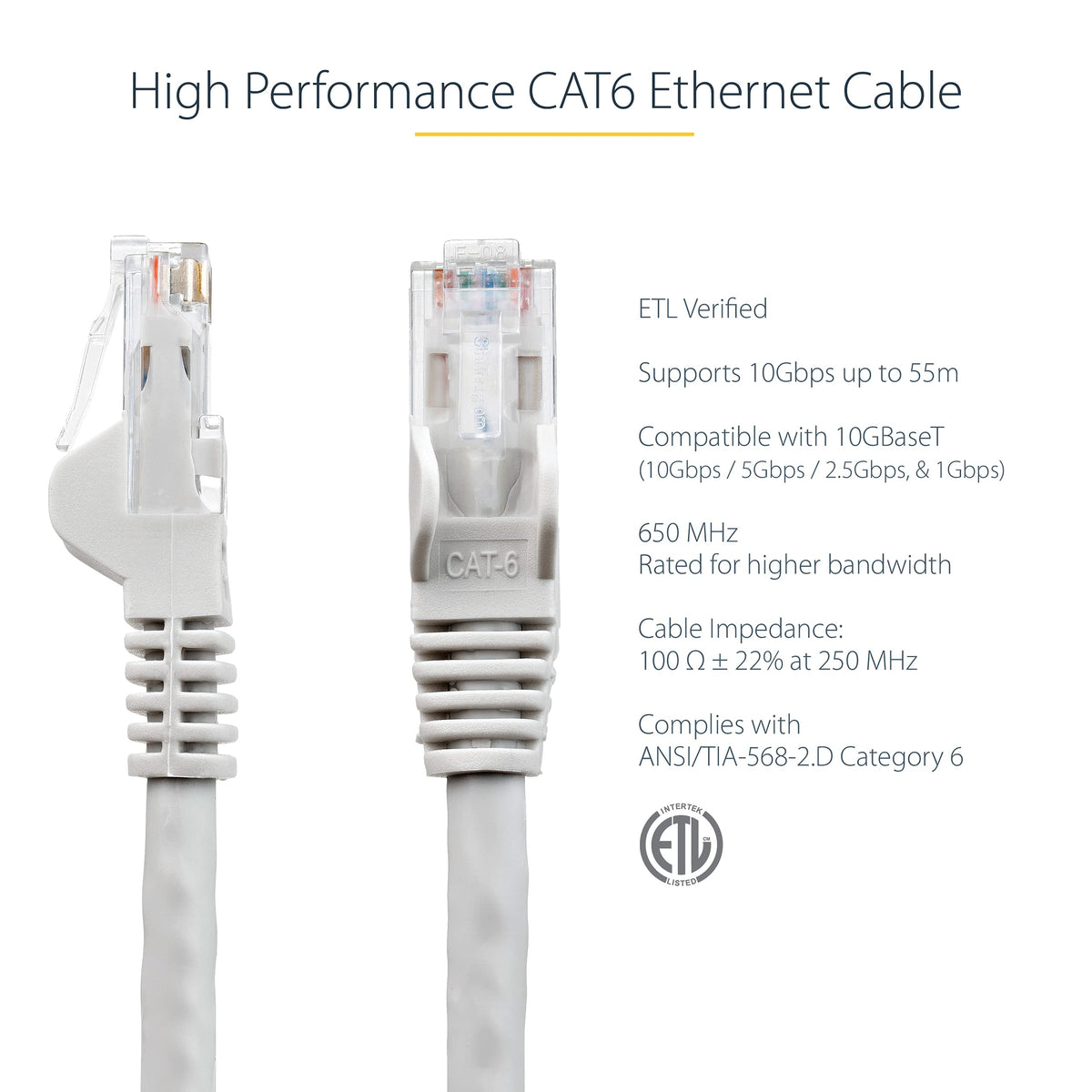 StarTech 100ft CAT6 Ethernet Cable - Gray CAT 6 Gigabit Ethernet Wire -250Mhz 100W PoE++ RJ45 UTP Category 6 Network Patch Cord Snagless